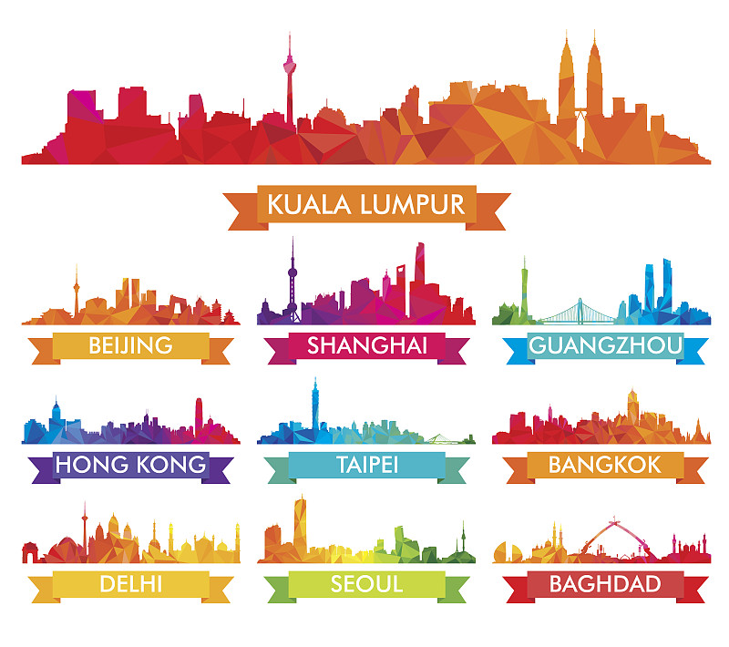城市天际线,城市,亚洲,多色的,德里,无人,绘画插图,几何形状,马来西亚,吉隆坡