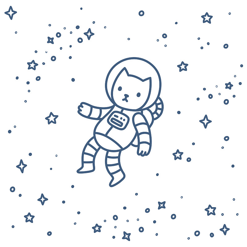 猫,太空,宇航员,星形,星星,俄罗斯宇航员,可爱的,乱画,绘画插图,美