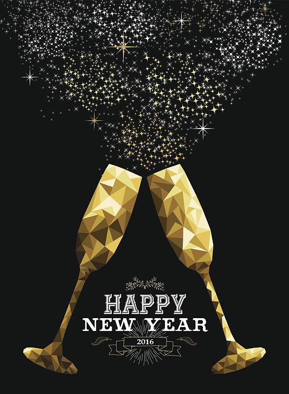 新年前夕,黄金,玻璃杯,2016,暗色,贺卡,新的,形状,夜晚