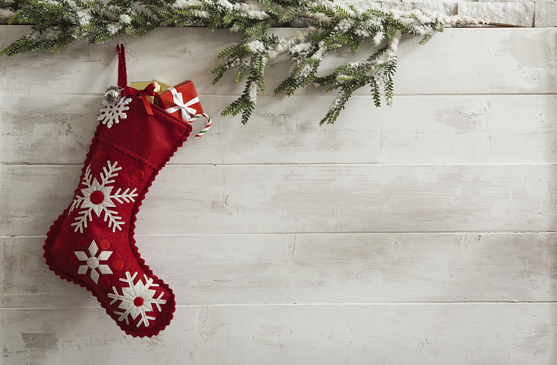 圣诞长袜,圣诞包装纸,月桂花冠,毛毡制品,留白,水平画幅,谷仓,雪,无人
