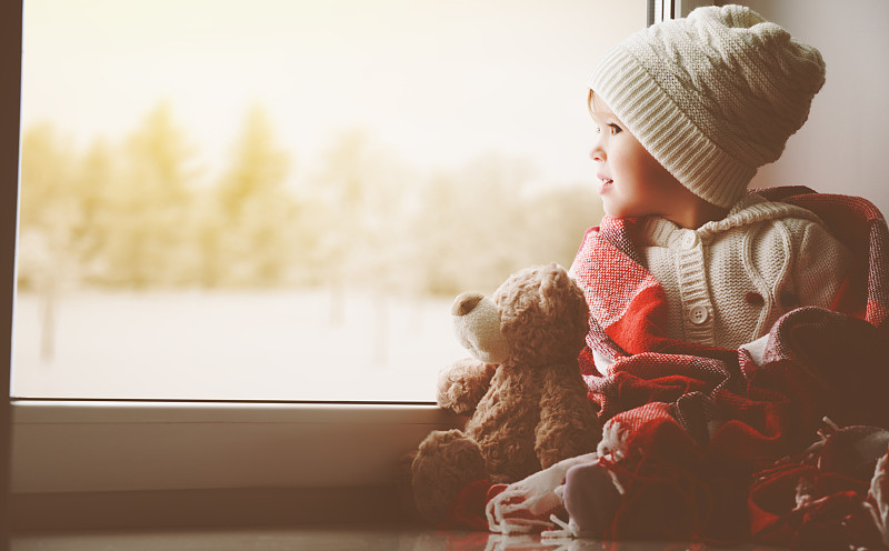 泰迪熊,窗户,女孩,儿童,热,寒冷,十二月,熊,女婴,毯子