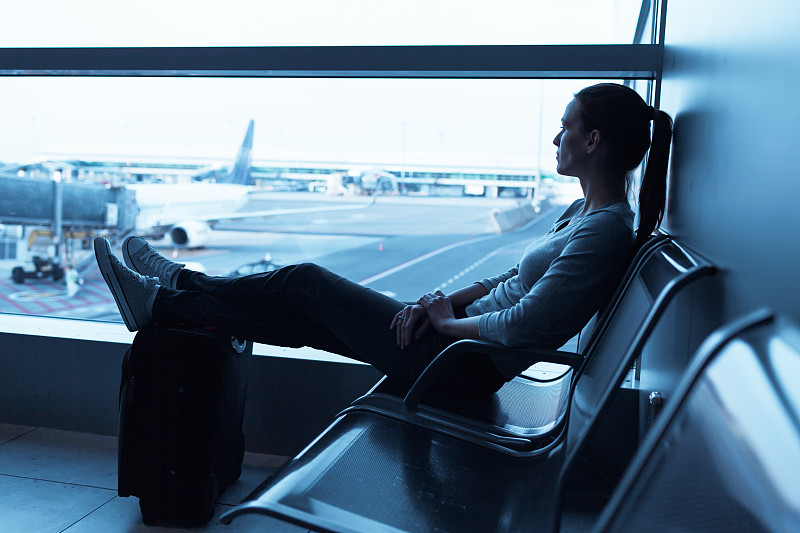 机场,等,座位,旅行者,仅成年人,疲劳的,现代,青年人,机场出发区,女人