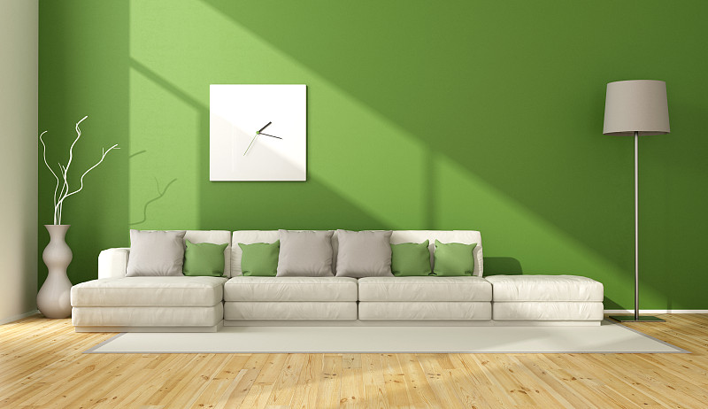 现代,绿色,起居室,水平画幅,墙,无人,硬木地板,地毯,灯,家具