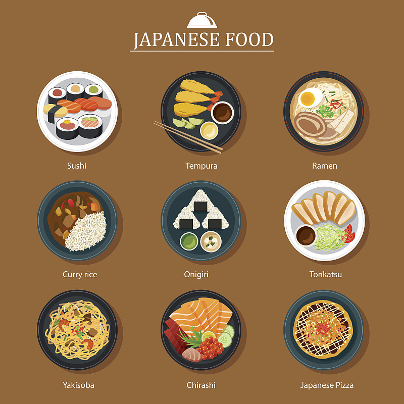 日本食品,扁平化设计,油煎虾面,炸猪排,散寿司,咖喱,饭团,天麸罗,寿司,日本