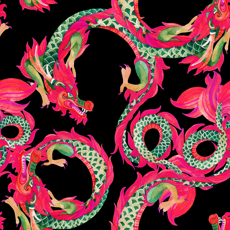 四方连续纹样,中国龙,龙,手工着色,水彩画颜料,过去,春节,人种,传统节日,动物
