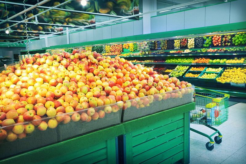 水果摊,农产品通道,超级市场,食品杂货,苹果,水果,手推车,蔬菜,过道,促销
