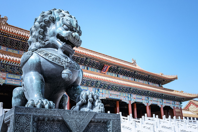 故宫,狮子,名声,著名景点,中国,青铜,雕塑,亭台楼阁,水平画幅,墙