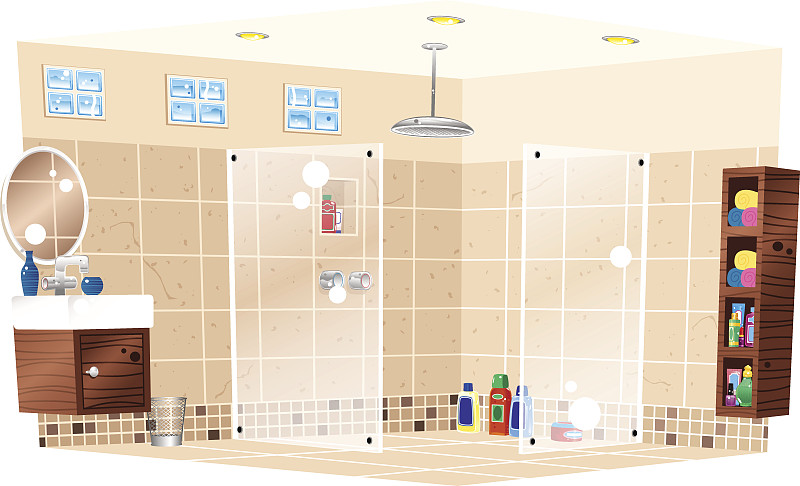 浴室,极简构图,化妆镜,淋浴头,洗手池,绘画插图,湿,家居设施,瓶子,水槽