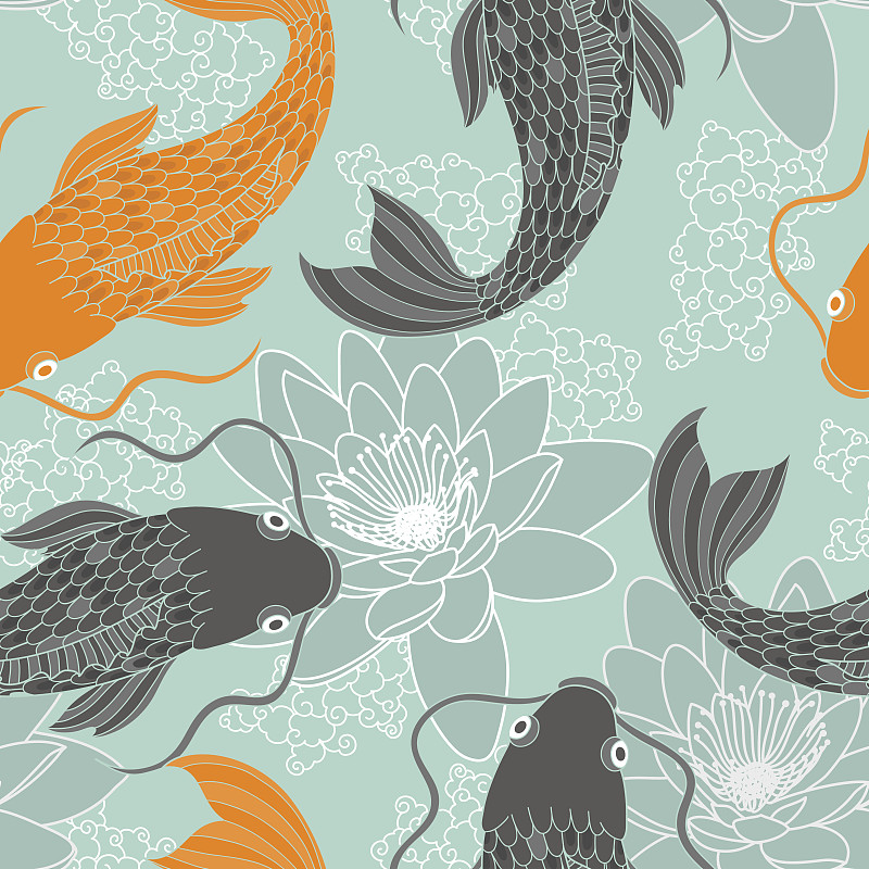 鲤鱼,四方连续纹样,木版画,锦鲤,荷花,日本,水,美,艺术,睡莲