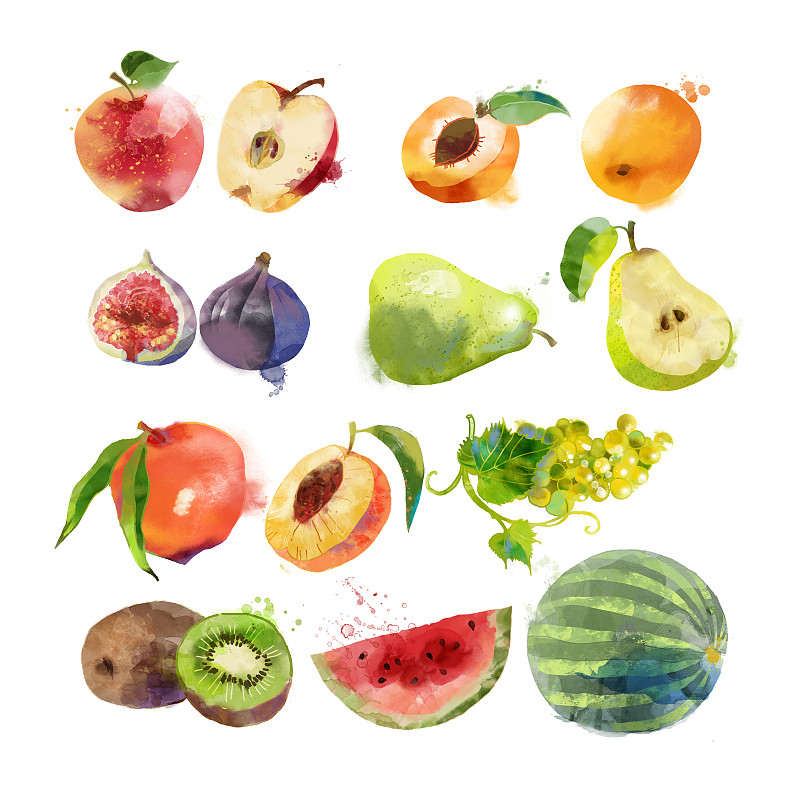 水果,水彩画,绘画插图,水平画幅,纹理效果,素食,无人,桃,维生素