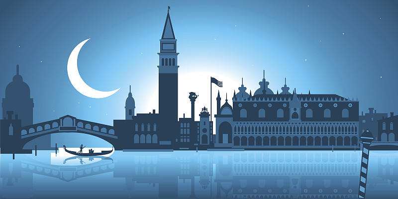 城市天际线,威尼斯,尖头平底船,雷雅托桥,威尼托大区,夜晚,无人,月亮,绘画插图,户外