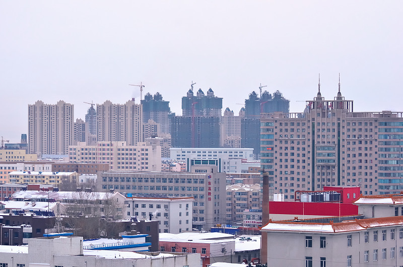 城镇,水平画幅,雪,无人,户外,吉林省,城市,烟,公寓