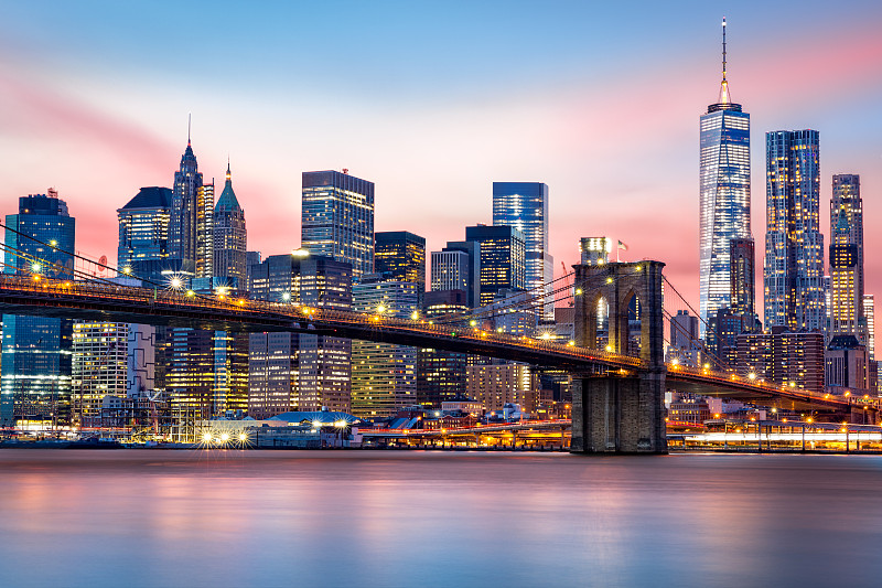 下曼哈顿区,城市天际线,布鲁克林桥,布鲁克林,纽约州,黄昏,纽约,长时间曝光,都市风景,金融区