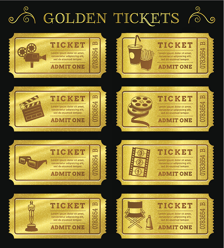 黄金,矢量,电影票,容一人进入,票,首次公演,老板椅,彩票,优惠券