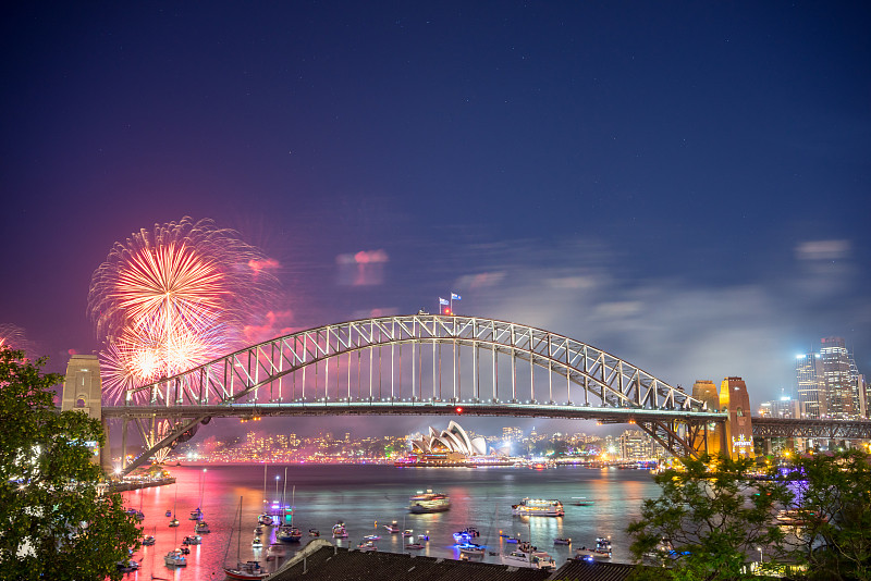 新年前夕,悉尼,夏娃,烟花秀,水,水平画幅,夜晚,海港,新年,曙暮光