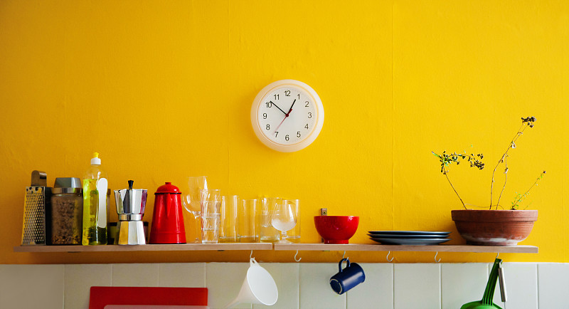 黄色,厨房,墙,记时卡片,钟,多色的,架子,装饰物,室内,洗洁精