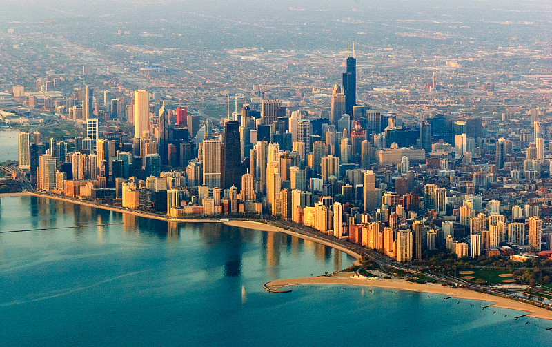 芝加哥市,城市天际线,密歇根湖,伊利诺斯州,中间部分,北美,美国,摩天大楼,航拍视角,美国中西部地区