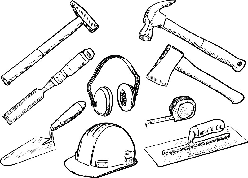 手工具,锤子,安全帽,御寒耳罩,凿子,泥铲,斧,绘画插图,符号,木材