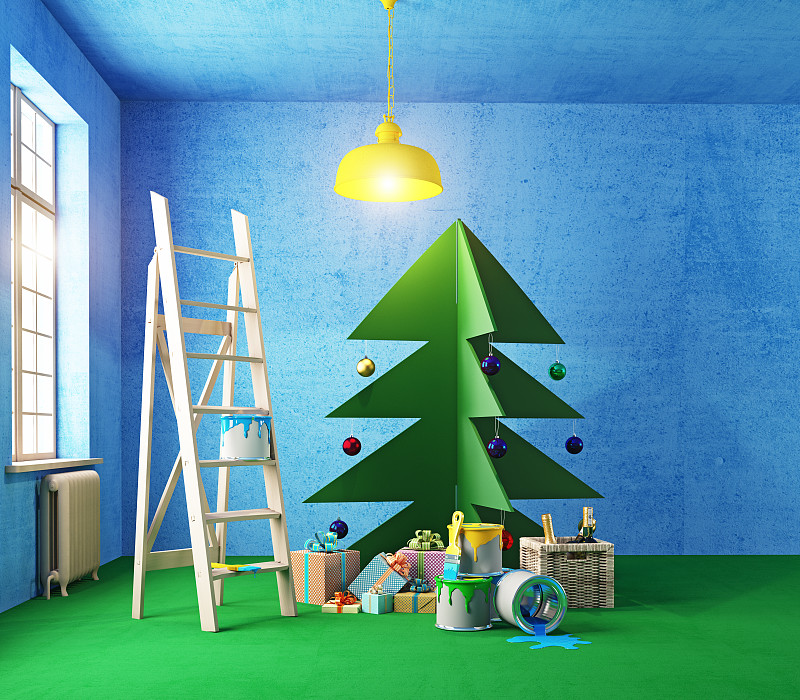 合板,圣诞树,室内,自己动手,油漆罐,壁纸刷,涂料,金属片,天空,灯
