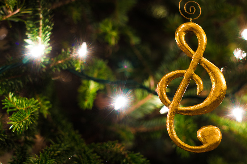 圣诞树,高音谱号,黄金,装饰品,水平画幅,无人,音符,特写,圣诞装饰物