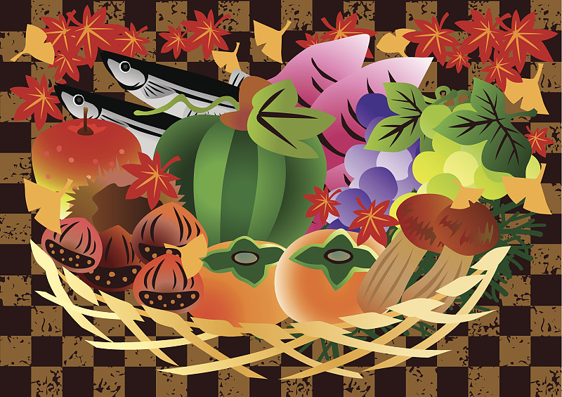 秋天,绘画插图,日本,季节,日本松茸蘑菇,松茸,日本点心,柿子树,式样,南瓜