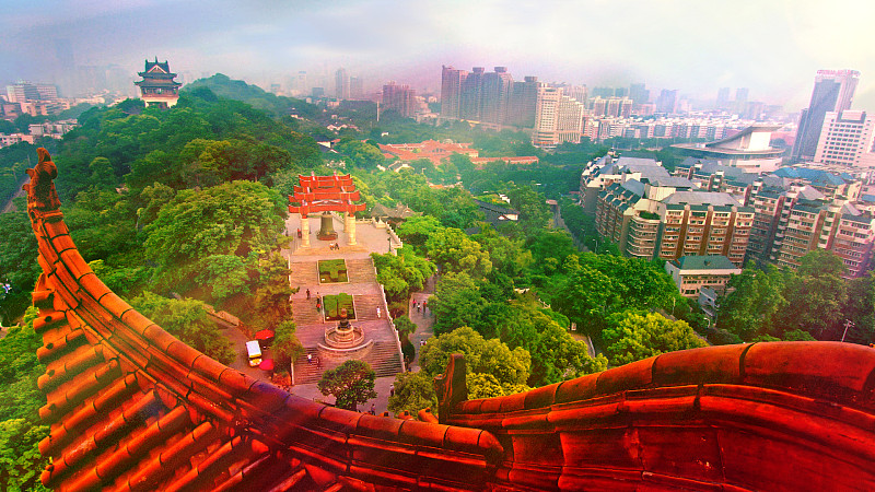 黄鹤楼,湖北省,长江,正上方视角,水平画幅,户外,红色,中国,屋顶,河流