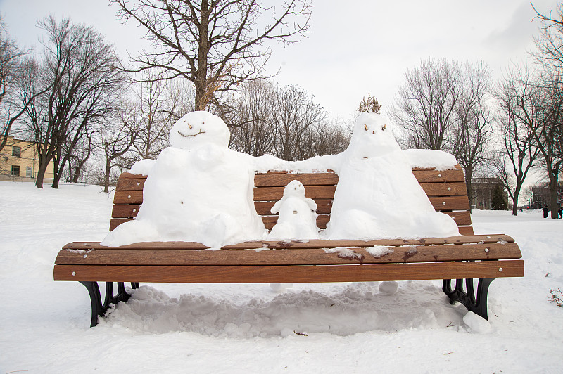 雪人,长椅,家庭,一月,蒙特利尔,幽默,加拿大,大风雪,雪,冬天