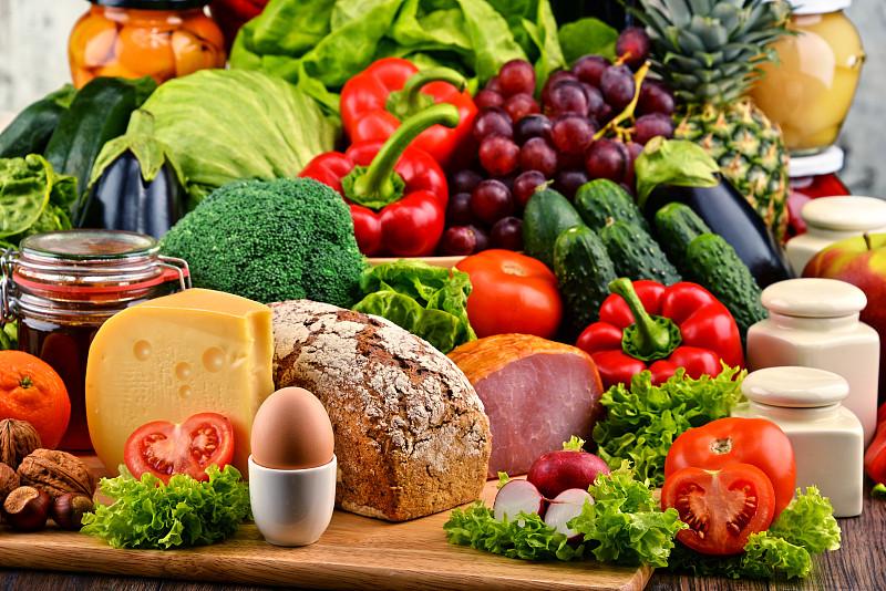 奶制品,肉,蔬菜,有机食品,水果面包,水平画幅,盐渍食品,食品杂货,椒类食物,生食