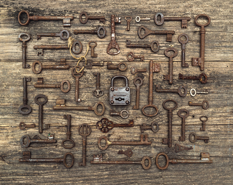 挂锁,钥匙,木制,大量物体,迷宫游戏,过去,古董,门,生锈的,乡村风格