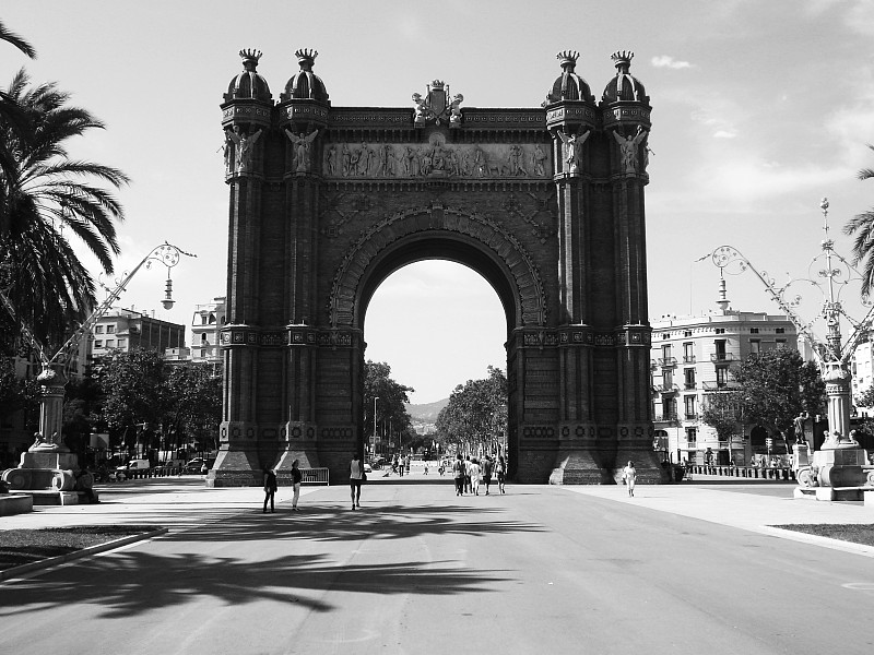 拱门,特拉华,凯旋门,水平画幅,建筑,无人,巴塞罗那,西班牙,国际著名景点,黑白图片