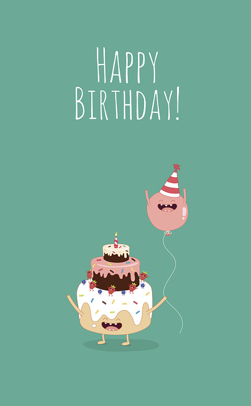 生日卡,生日蛋糕,生日,蛋糕,纸杯蛋糕,贺卡,明信片,热气球,卡通,派对帽