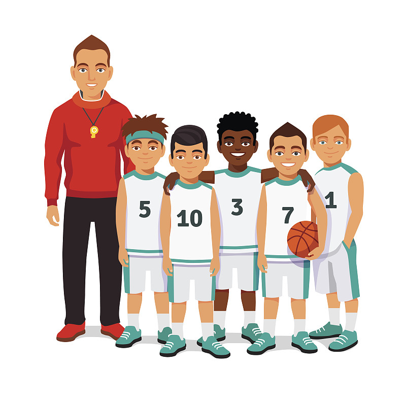 教练,篮球运动,男生,球,青少年,领导能力,学校体育馆,绘画插图,制服,卡通