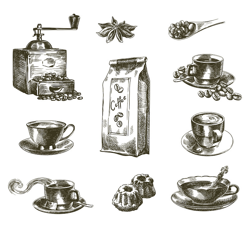咖啡,自然,谷类,烤咖啡豆,磨咖啡机,蒙太奇,芳香的,绘画插图,干的,饮料