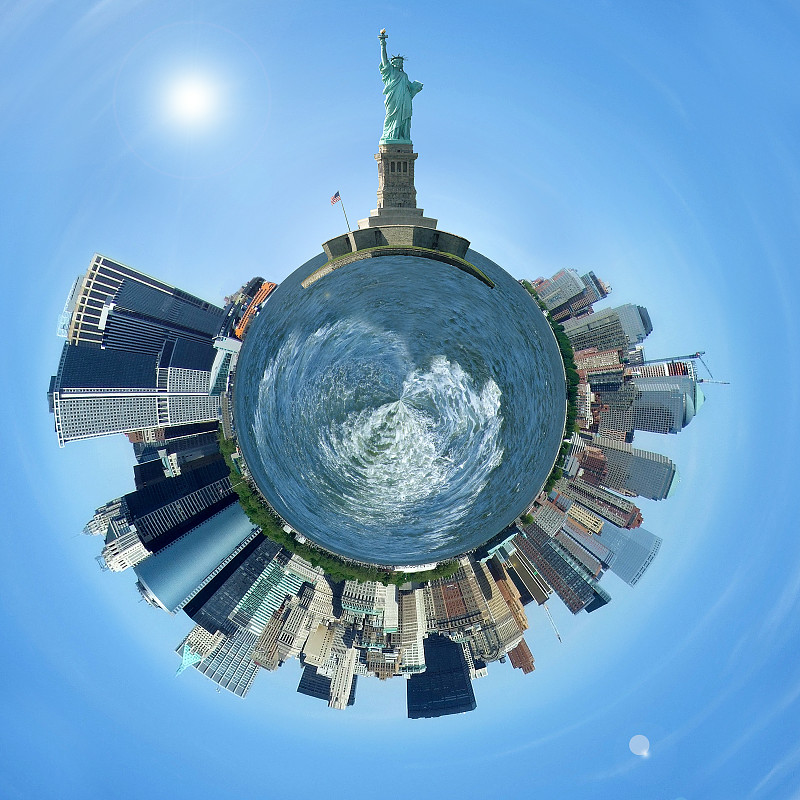 小的,行星,纽约,城市天际线,曼哈顿,360度景观,全景,球体,自由岛,自由女神像