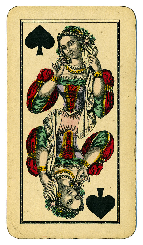 黑桃皇后,塔罗牌,1900,女王卡,人头牌,垂直画幅,式样,古董,女王,黑色