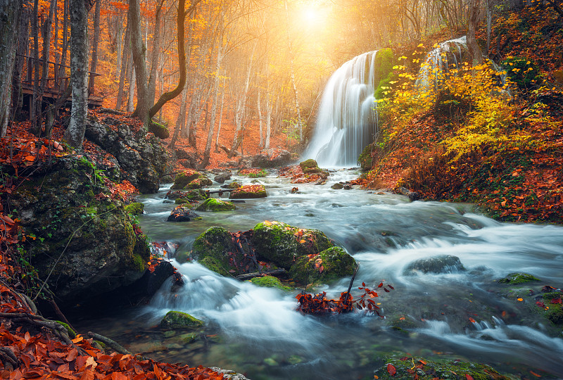 瀑布,森林,秋天,山,河流,小溪,树林,枝繁叶茂,雾,地形