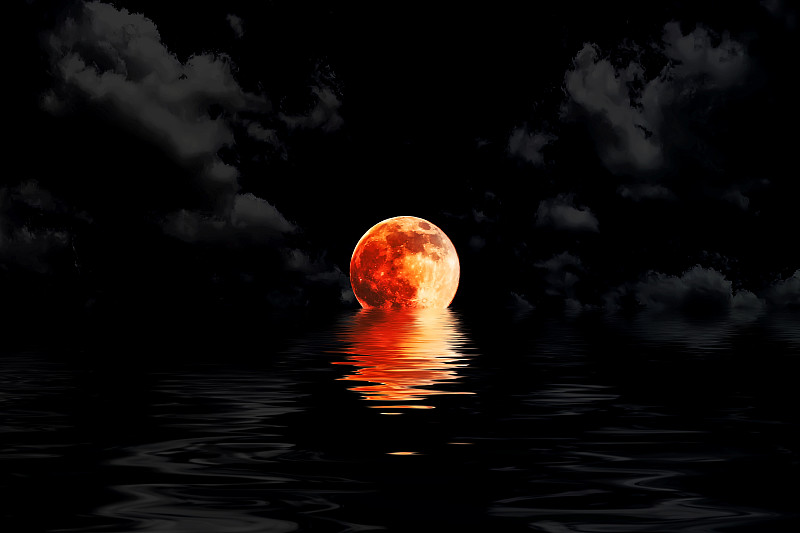 水,黑色,红色,云,天空,夜晚,月亮,绘画插图,平视角,日月食
