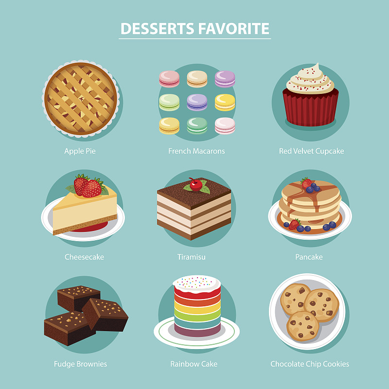 甜点心,矢量,扁平化设计,布朗尼,提拉米苏,软酱,乳酪蛋糕,甜馅饼,平坦的,薄烤饼