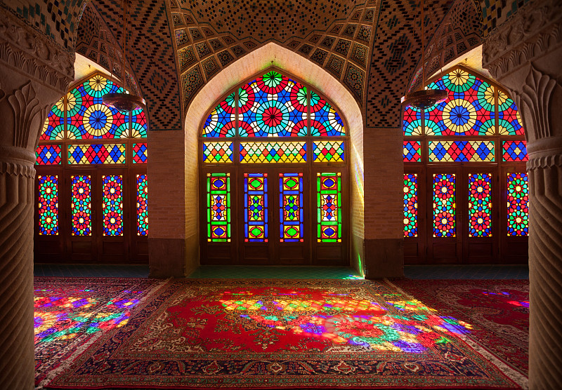 设拉子,彩色玻璃,清真寺,多色的,伊朗,拱廊,灵性,水平画幅,无人,玻璃