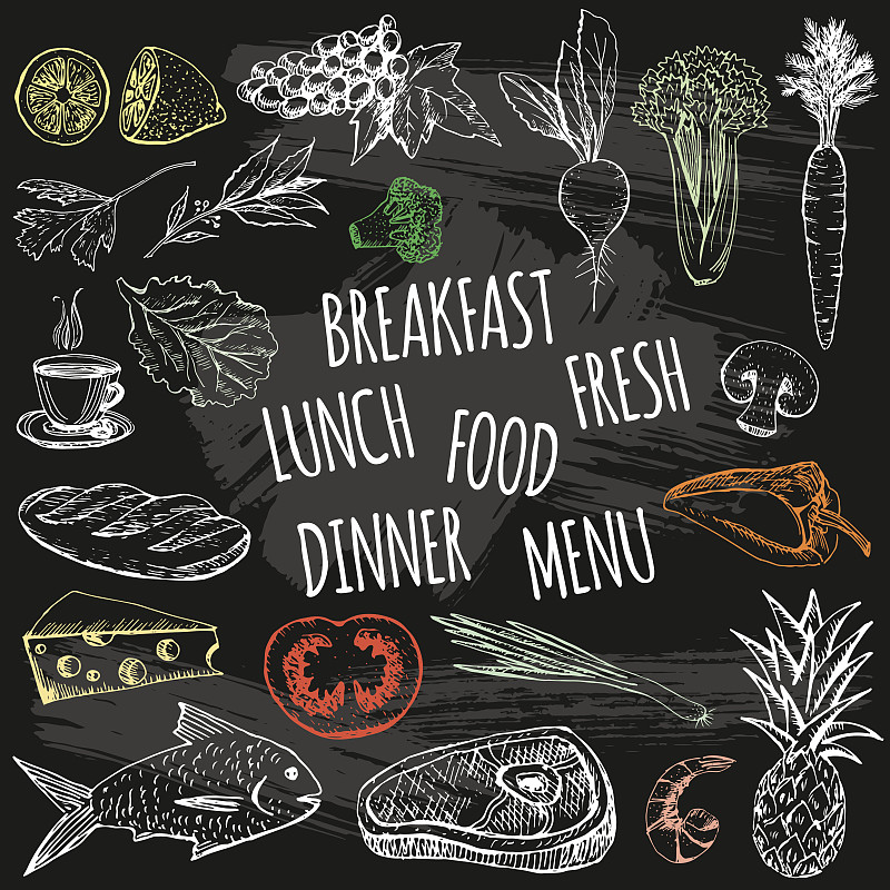 食品,餐馆,黑板,粉笔,动物手,背景聚焦,粉笔画,绘画插图,符号,膳食