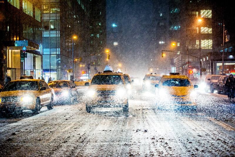 纽约州,雪,大风雪,缓慢的,黄色出租车,出租车,纽约,曼哈顿时代广场,暴风雨,气候