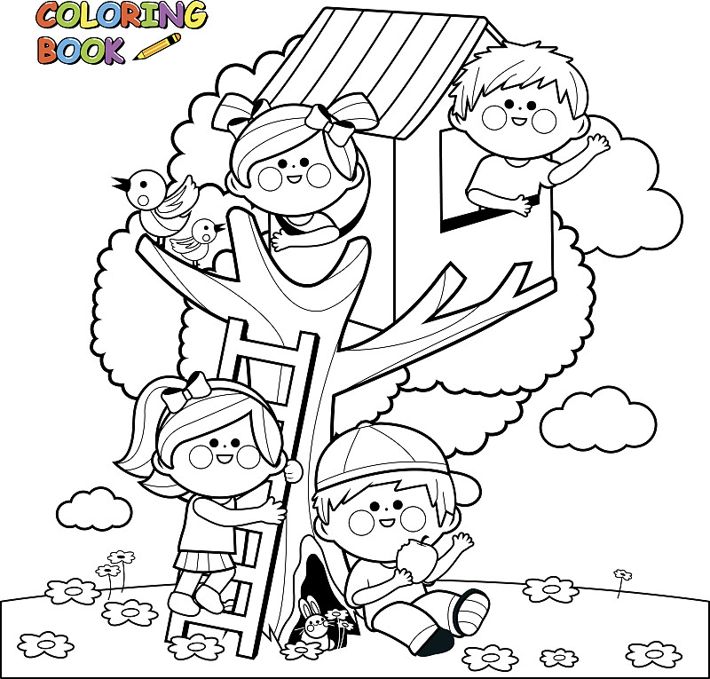 树屋,进行中,儿童,图画书页,彩色书,书页,嬉戏的,绘画插图,鸟类,兔子