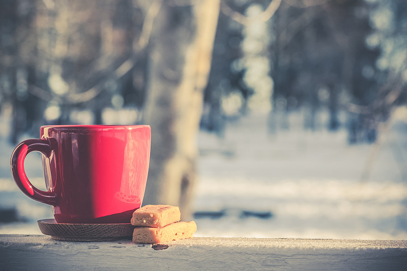 马克杯,杯,咖啡,茶树,红色,酥饼,黄油,休闲活动,雪,早晨