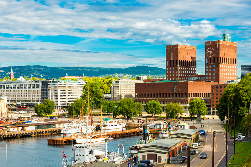 奥斯陆港口,市政厅,奥斯陆,奥斯陆峡湾,挪威,天空,客船,水平画幅,无人,海港