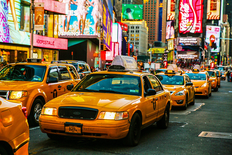 第七大道,纽约,时代广场,黄色出租车,出租车司机,出租车,曼哈顿时代广场,纽约州,公共交通,交通