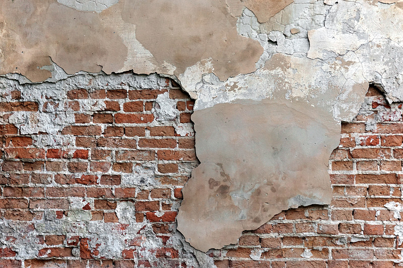 围墙,过时的,砖墙,砖,灰膏,墙,水泥地,混凝土墙,正面视角,白灰泥
