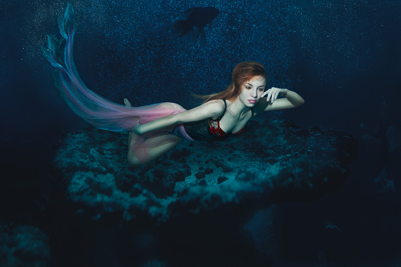 美人鱼,海洋,在下面,女孩,水下,凹陷的,水,潜水,仅成年人,想法