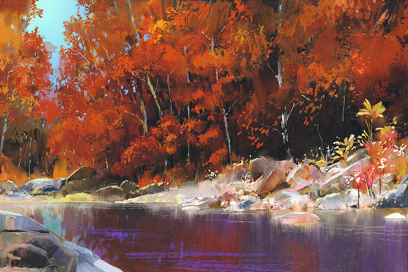 河流,秋天,森林,水,艺术,水平画幅,无人,绘画插图