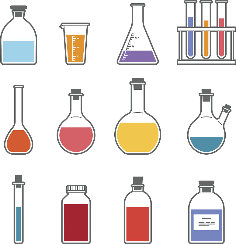 实验室玻璃器皿,图标,化学制品,烧杯,化学课,化学,药剂师,绘画插图,符号,化学家