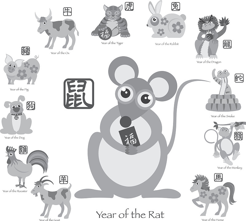数字12,老鼠,矢量,春节,绘画插图,鼠年,蛇年,兔年,马年,公猪
